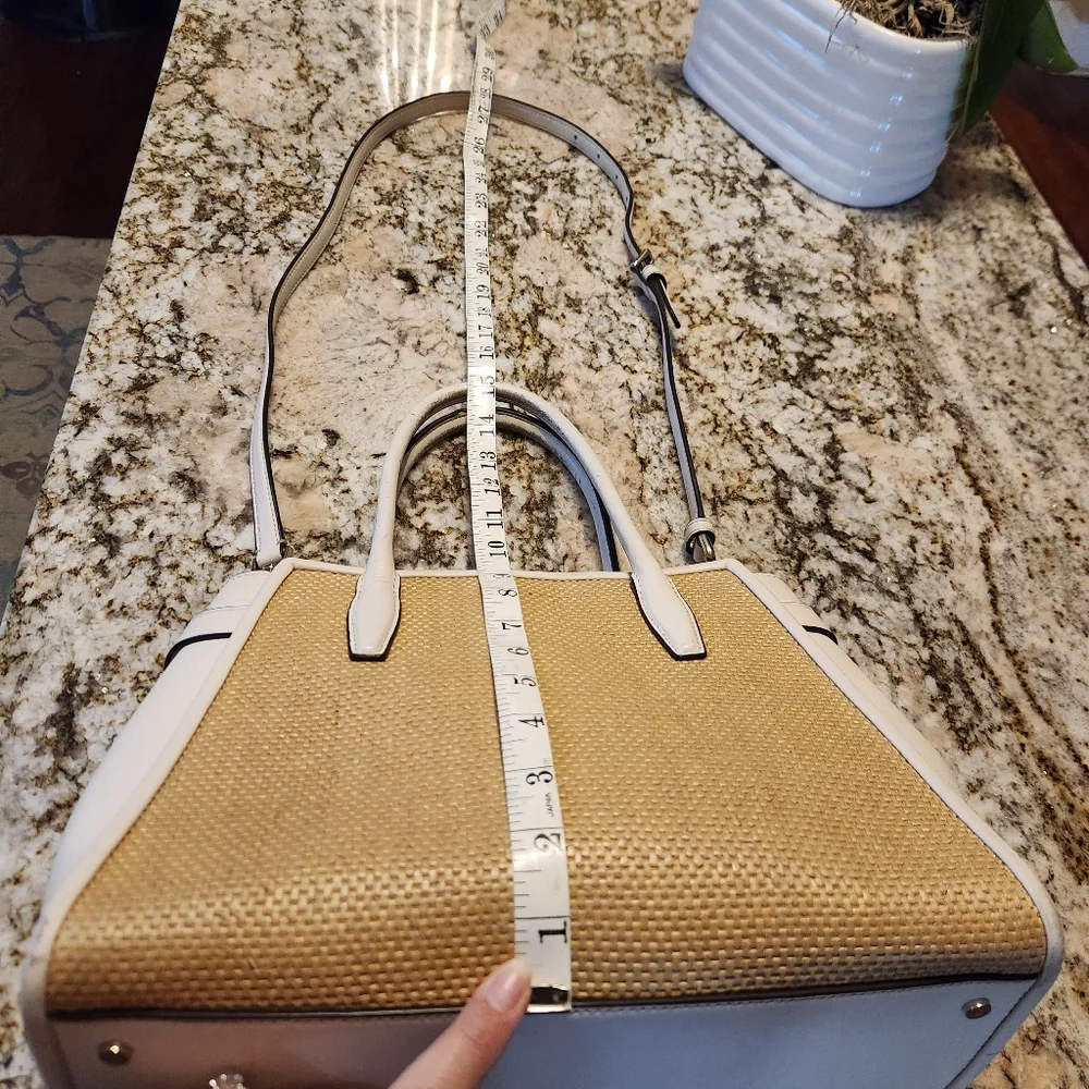 Kate Spade Handbag, Lucia Straw Medium Satchel Tan & White Crossbody EUC Summer